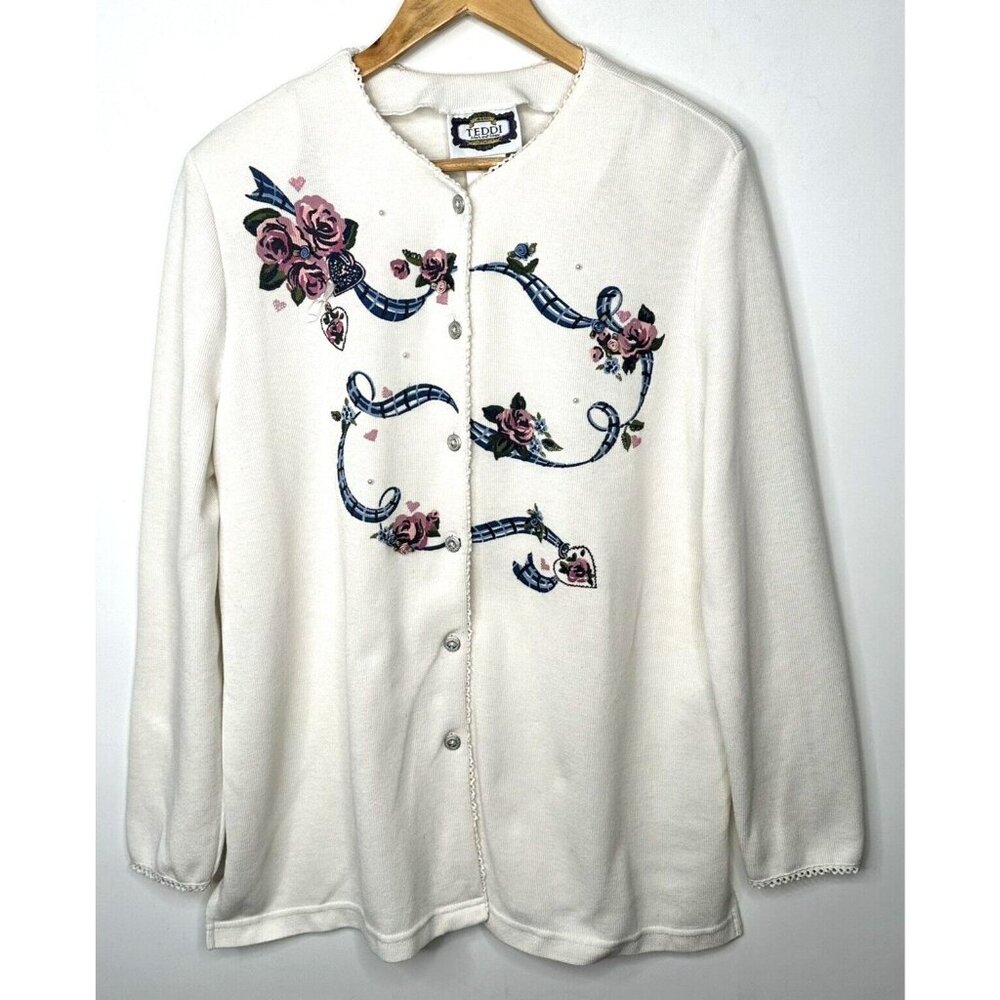 Teddi Womens Cardigan Sweater Floral Beading Vintage Button Up Ivory Size 2XL
